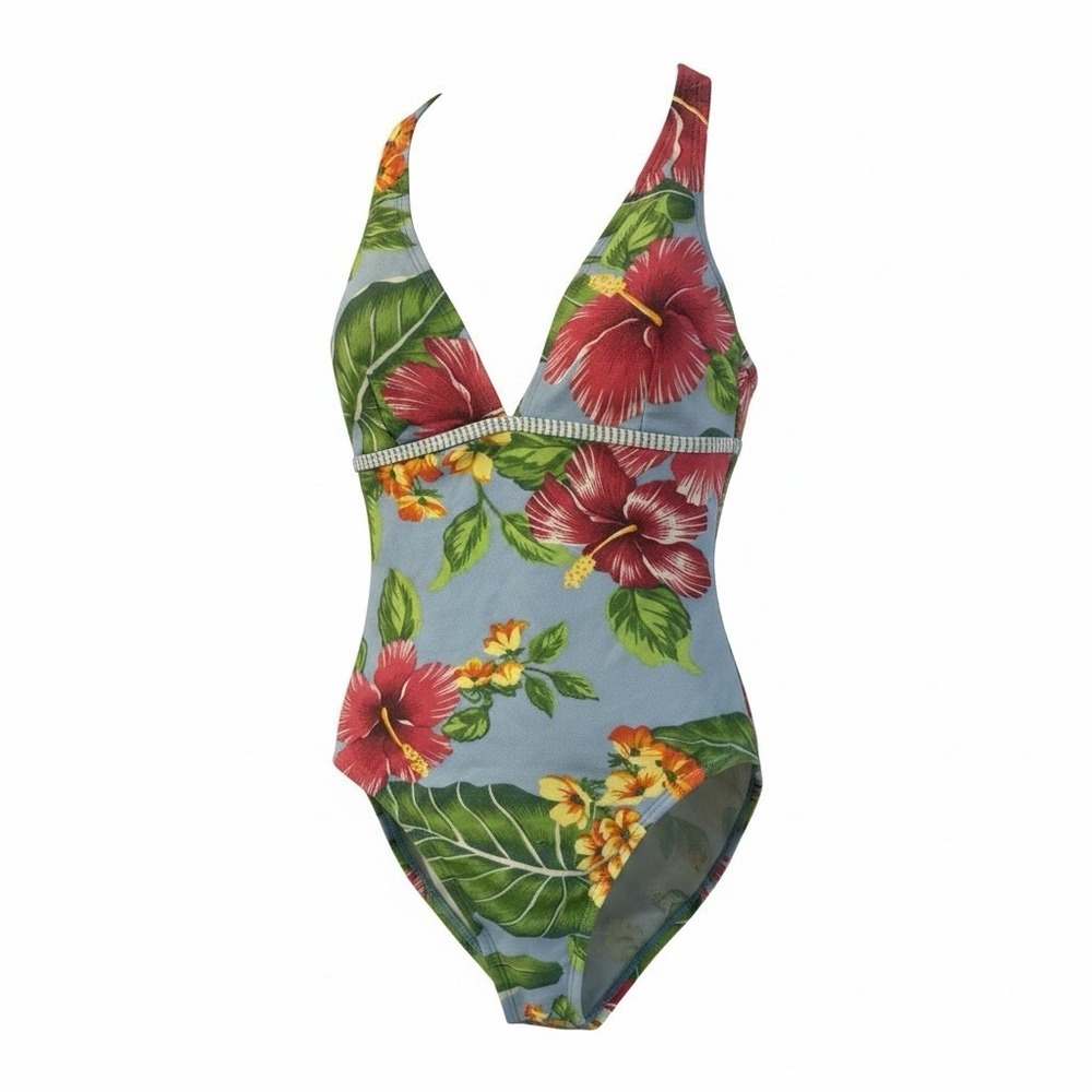 Tommy Hilfiger Womens Floral Halter One Piece Swimsuit Blue Red Sz 8 JZ2009